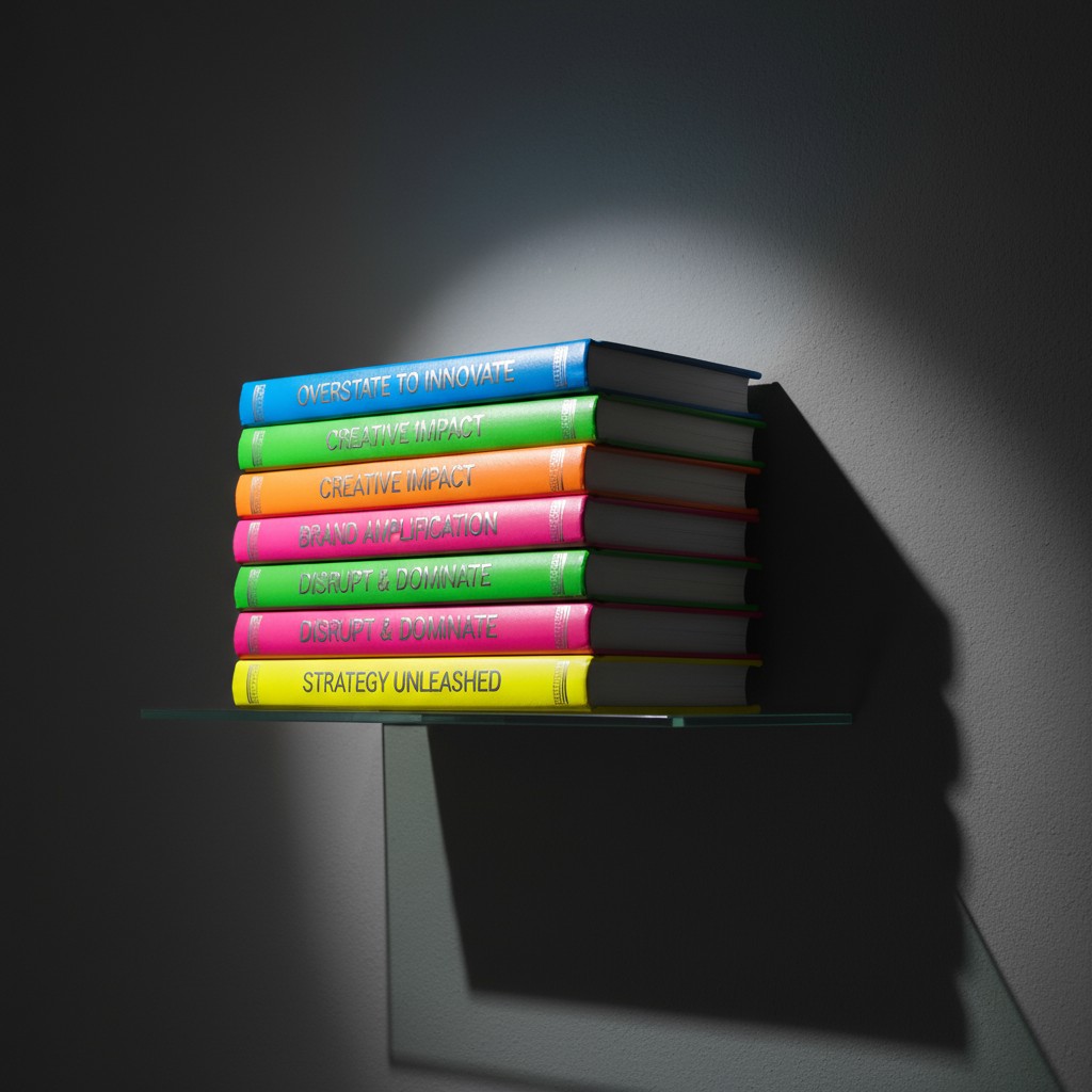 An illustration of a stack of eight books with colorized spines resting on a thin shelf; each spine has a word or phrase e...
