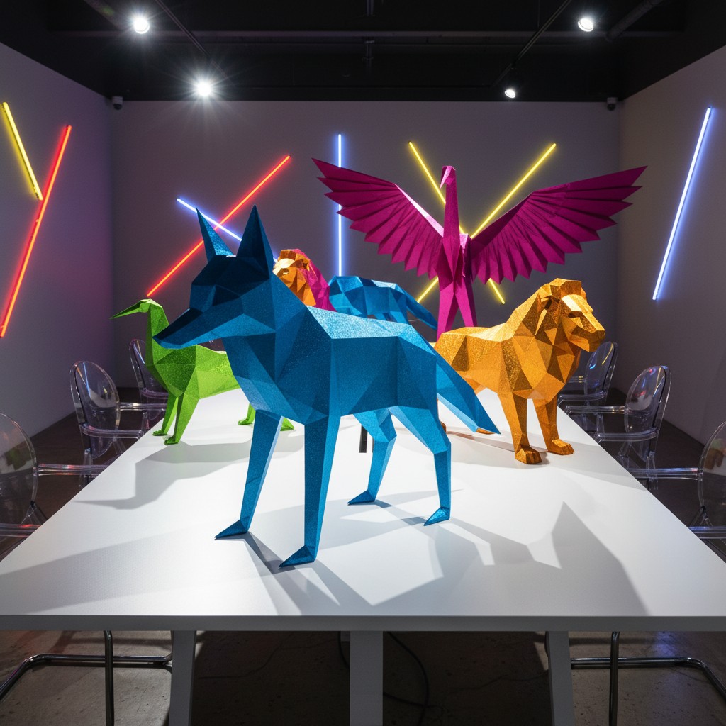 A room filled with vibrant sculptures of animals, including a blue dog, an orange lion, a green bird, and a pink bird, set...