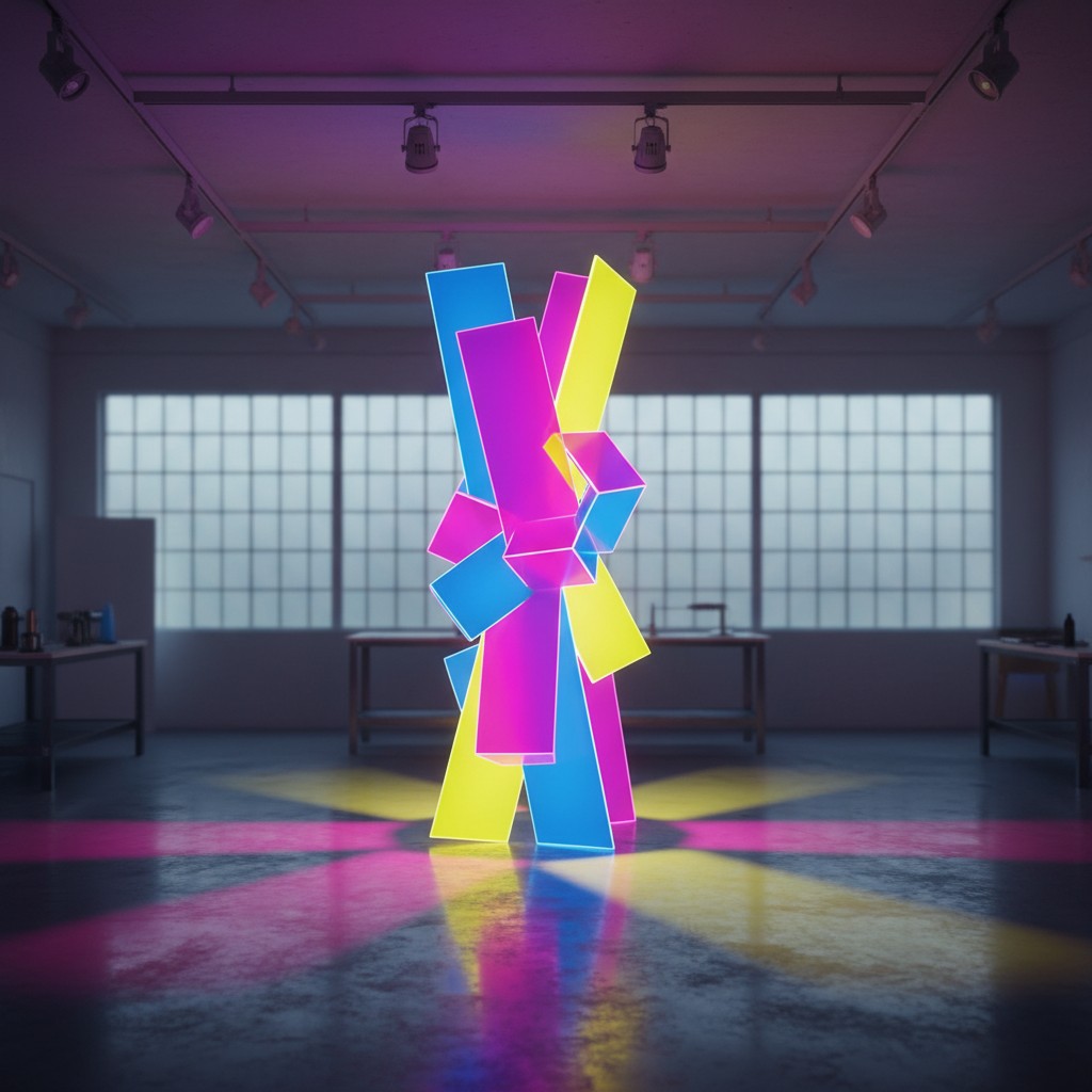 a sleek 3D rendering of a sculpture that appears to be made of neon blocks, in a large dimly lit industrial room