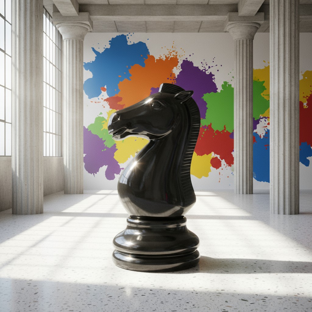 A large black chess knight statue in a room with white walls and columns, painted with colorful splatters.