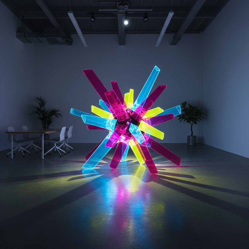 This is an image of an indoor space featuring a multi-colored radical art-piece that utilizes feathery long forms made of ...