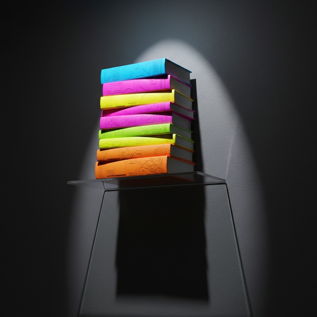 A stack of brightly colored books is illuminated by a light beam, casting a shadow on the wall behind.