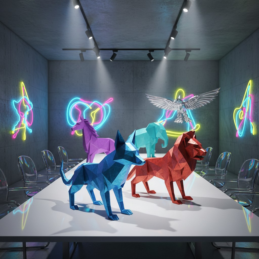 A room with a white table in the center, surrounded by neon animals and light.