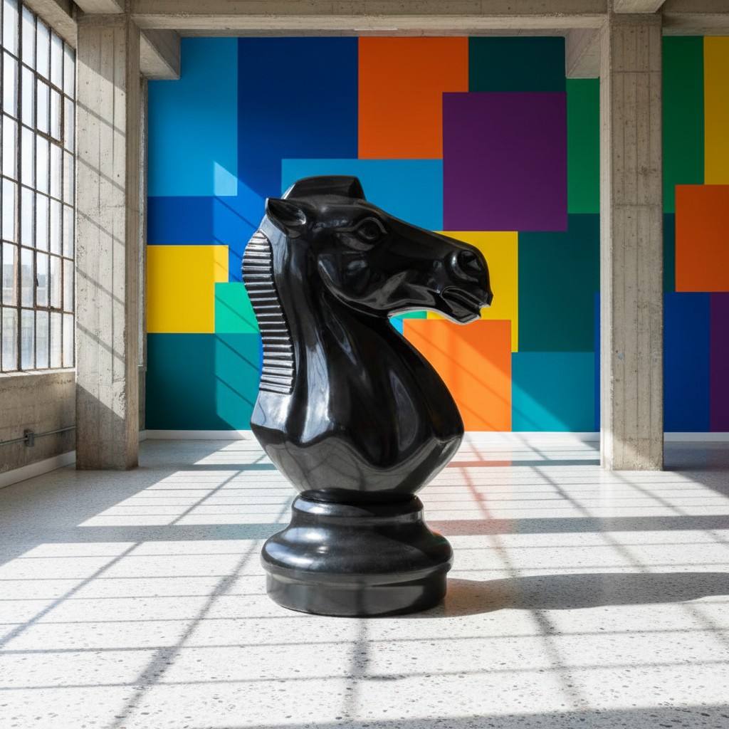 A large black chess knight statue in a room with white tile floors and a vibrant multicolored geometric pattern on the walls.